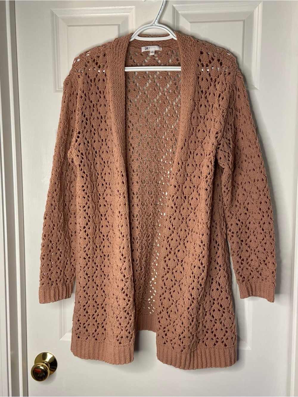 DR2 Open-Front Crochet Cardigan in Mauve Brown
